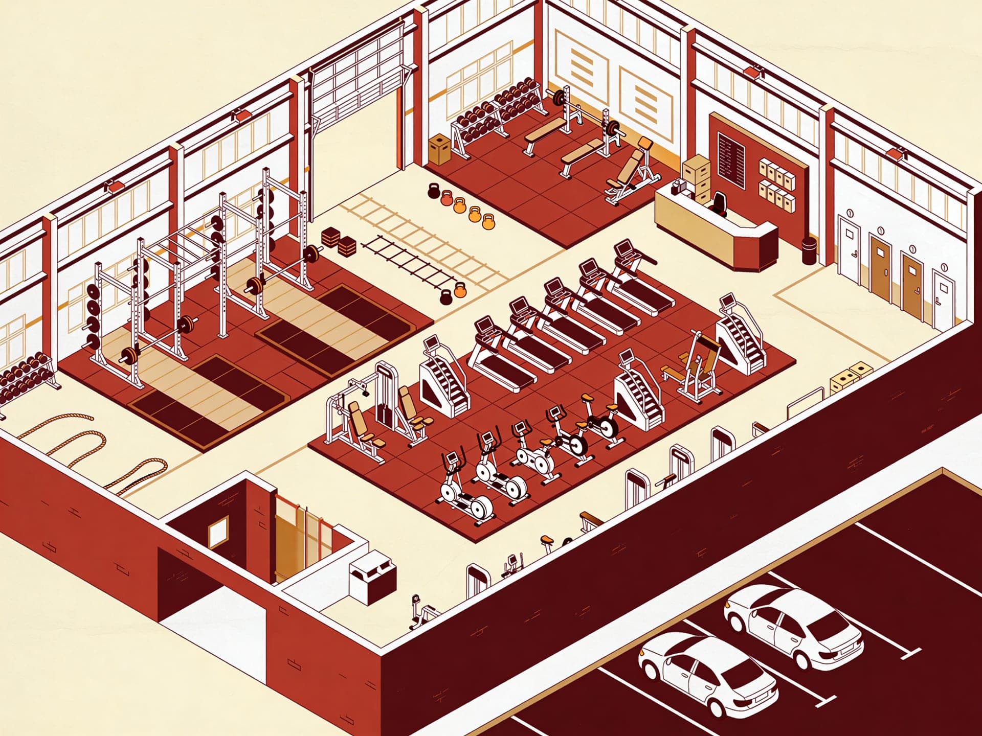 Plano isométrico de las instalaciones de Reynoan Gym Fresno: nave con zona de pesas, área de cardio y estacionamiento