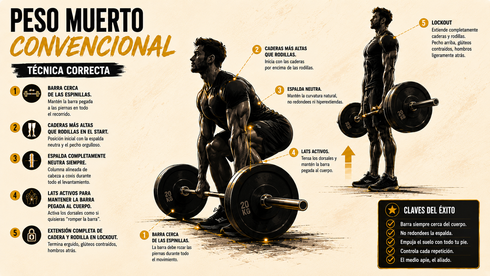 Diagrama biomecánico del peso muerto — fases start, mid-pull y lockout